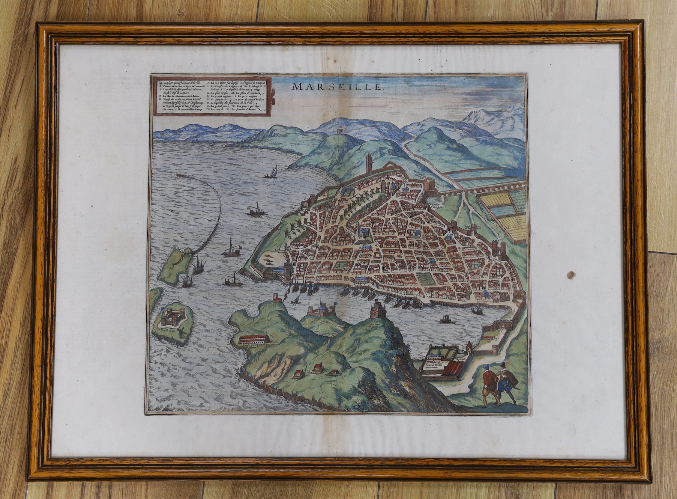 Georg Braun and Frans Hogenberg, coloured engraving, Map of Marseilles, from 'Civitates Orbis Terrarum', c.1572, latin text verso, overall 38 x 52cm